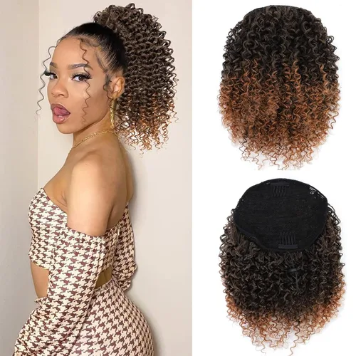 Vista 9 de Cola de caballo con cordón para mujeres negras, cola de caballo rizada afro para mujeres negras, cola de caballo rizada de onda corta, extensiones