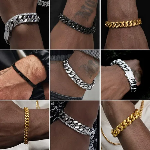 Vista 2 de ChainsHouse Pulsera de eslabones cubanos de acero inoxidable para hombre, 0.197in0.276in0.354in0.472in de ancho, 7.5"8.3"9" de largo, negro18K