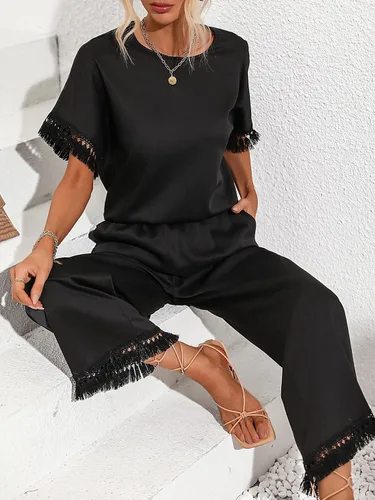 Vista 4 de MakeMeChic Conjunto de 2 piezas de verano para mujer, blusa de manga corta con flecos y pantalones de pierna ancha
