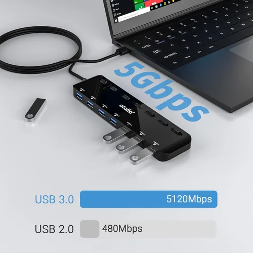 Vista 2 de atolla Divisor de concentrador USB 3.0 de 7 puertos, extensor USB Ultra Slim Data USB Hub con interruptor de alimentación individual y LED