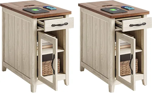 Vista 13 de LINSY HOME - Juego de mesas auxiliares de 2 piezas con estación de carga, mesa auxiliar moderna de estilo granja para sofá, mesa auxiliar de madera