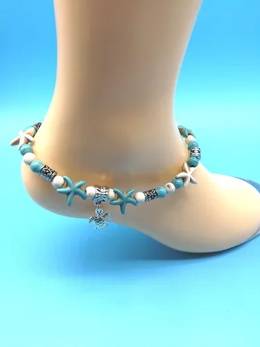 Vista 2 de Insaney - Tobillera con colgante de estrella de mar y perlas de color turquesa.
