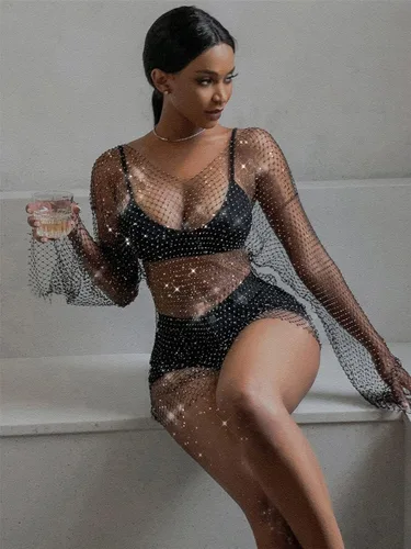 Vista 4 de Ingemark Bikini de malla transparente de moda para mujer con cuello en V y manga larga con malla