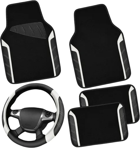 Vista 16 de CAR PASS Funda para volante de cuero y alfombrillas de coche impermeables, combo universal de microfibra para coche, diseño deportivo antideslizante