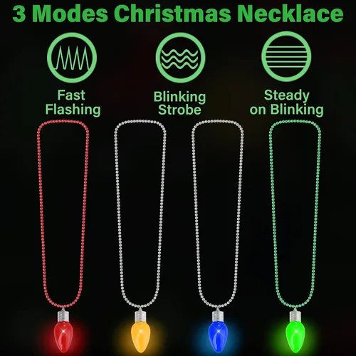 Vista 3 de Collar de Navidad, 8 piezas de collares colgantes con bombillas LED de Navidad, accesorios de Navidad a granel con cuentas verdes, amarillas, rojas