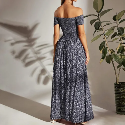 Vista 4 de Vestido largo de verano para mujer, con hombros descubiertos, con abertura, bohemio, floral, cintura imperio, vestido largo para fiesta de playa