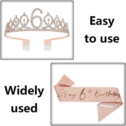 Vista 5 de Juego de banda y tiara de 6º cumpleaños, corona de banda de cumpleaños de oro rosa, suministros para fiesta de cumpleaños