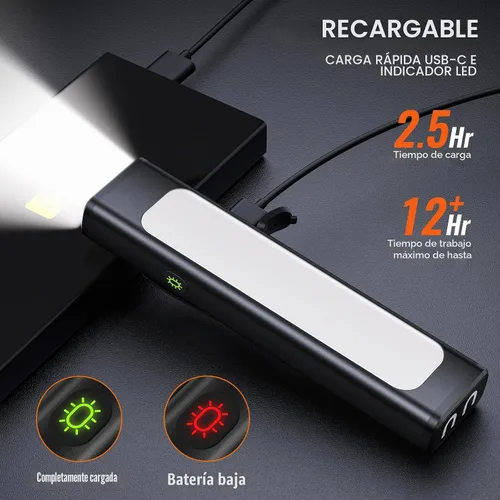Vista 6 de Linterna de bolsillo, linterna EDC recargable de 1200 lúmenes con clip, puerto USB-C, 3 modos de luz de advertencia impermeable para trabajo Negro