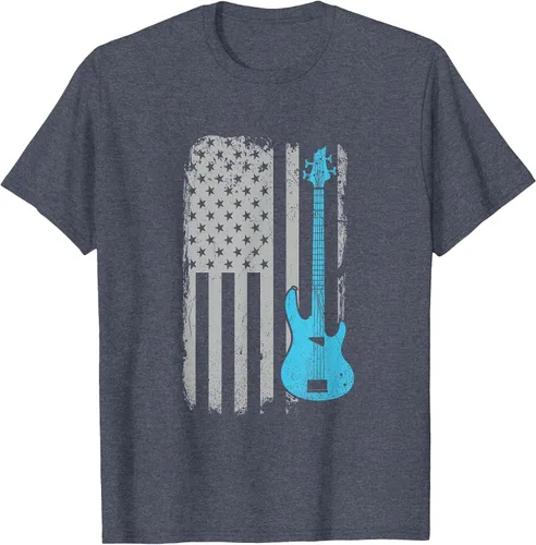 Vista 77 de Electric Bass Guitar Player American Flag Musician T-Shirt Asphalt Grey