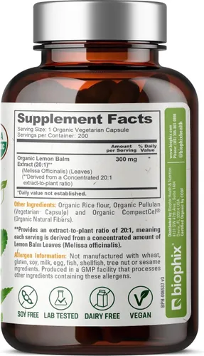 Vista 9 de biophix Cápsulas de bálsamo de limón orgánico de 300 mg USDA orgánico, extracto 20:1, apoya la relajación, calma el estado de ánimo, la memoria