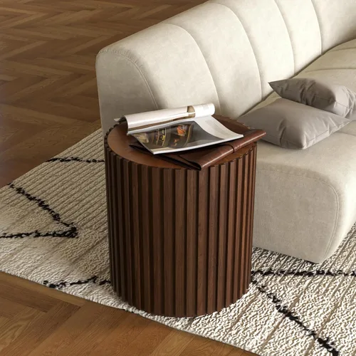 Vista 10 de POVISON Mesa auxiliar, mesa de centro redonda de madera, mesa auxiliar moderna para sala de estar, mesa de centro acanalada, color negro, totalmente