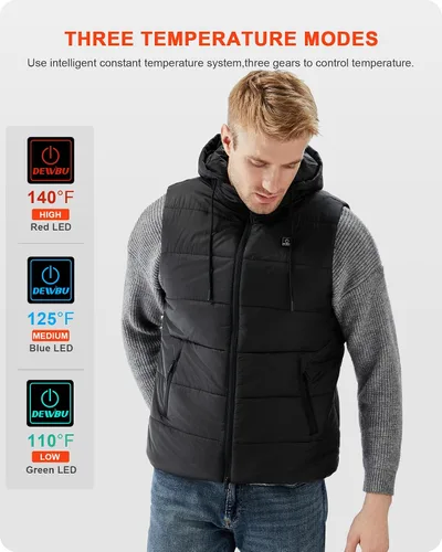 Vista 4 de DEWBU Chaleco calefactado con batería de 12 V, múltiples métodos de fuente de alimentación, ropa térmica ligera con capucha desmontable