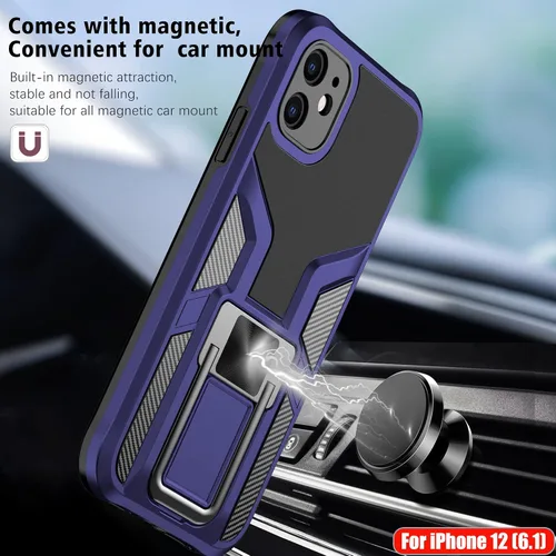 Vista 5 de Funda compatible con iPhone 12 resistente de grado militar a prueba de golpes, doble protección (TPU+PC), funda magnética sólida y duradera para Azul