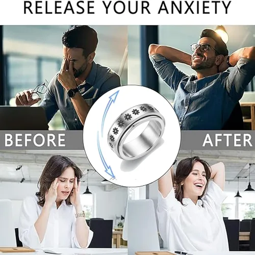 Vista 4 de Tatibana Anillo de ansiedad para mujeres y hombres, 6 anillos plateados de acero inoxidable antiansiedad con cuentas, anillo giratorio para aliviar