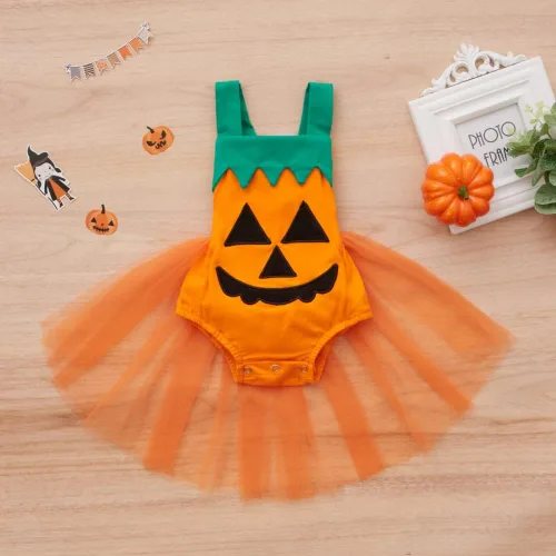 Vista 2 de Patgoal Disfraz de calabaza para bebés y niñas vestido de falda de tul tutú de Halloween para recién nacidos para niñas pequeñas enterizos de sonrisa