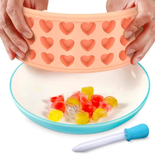 Vista 3 de Bandeja para cubitos de hielo con tapa – Molde de silicona de 24 cavidades para forma de corazón y dulces – Moldes flexibles, resistentes al calor e