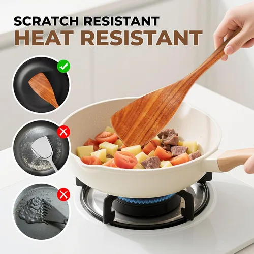 Vista 3 de Juego de utensilios de cocina de madera de teca natural - 4 piezas de cucharas de madera para cocinar con cucharón, espátula y cuchara ranurada