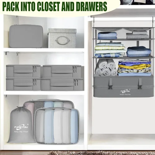 Vista 6 de Compressible Packing Cubes Portable Hanging Closet Shelves 17"x12"x24" Extendable Travel Organizer Nylon Packing Bags for Suitcase