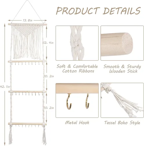 Vista 2 de Teniinet Organizador colgante de joyas, colgador de collar de macramé bohemio montado en la pared con 30 ganchos, soporte de joyería colgante