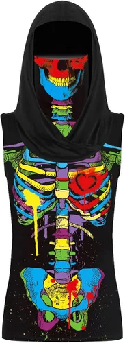 Vista 2 de Ainuno Disfraz de esqueleto para mujer, sudadera sin mangas con capucha de esqueleto divertida para Halloween, camiseta con capucha y máscara