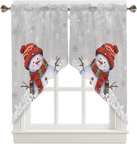 Vista 22 de BEMIGO Cortinas de cocina de Navidad, lindas cortinas de granja con muñeco de nieve azul, cenefa con bolsillo para barra de copos de nieve