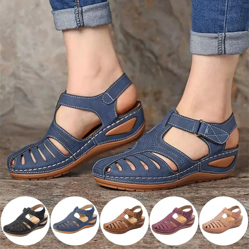 Vista 2 de Sandalias de cuña para mujer, sandalias de punta cerrada para mujer, estilo casual, de verano, ahuecadas, vintage, sandalias de cuña de gladiador
