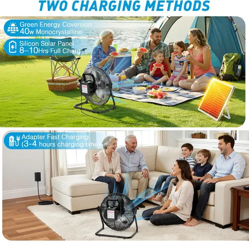 Vista 11 de DBF Ventilador solar de 20 pulgadas para exteriores, ventilador de piso recargable de 30000 mAh con panel solar de 40 W, 18 velocidades, tiempo