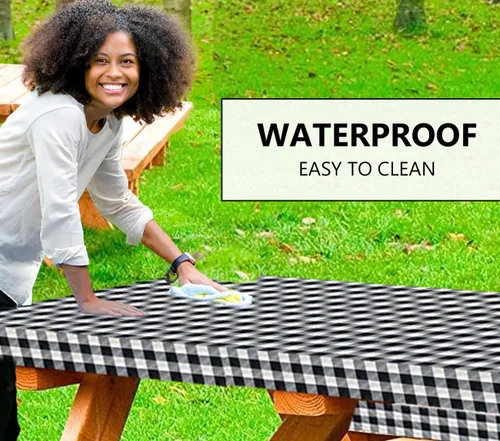 Vista 4 de LINPRO - Funda de mesa de picnic de 6 pies con fundas para bancos, fundas ajustadas de mesa de picnic de vinilo con elástico, elementos esenciales