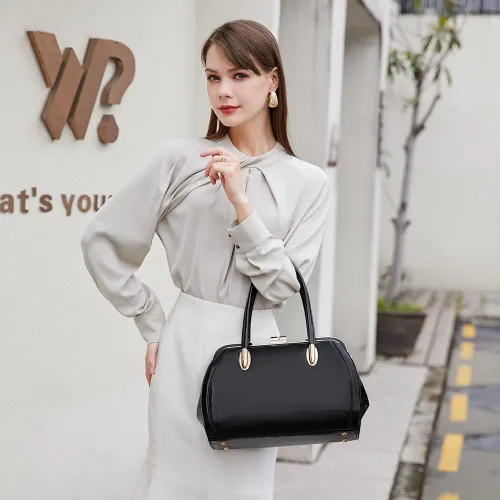 Vista 3 de Style Strategy Monederos de cuero de charol para mujer, asa superior con cierre de beso, bolso cruzado para mujer