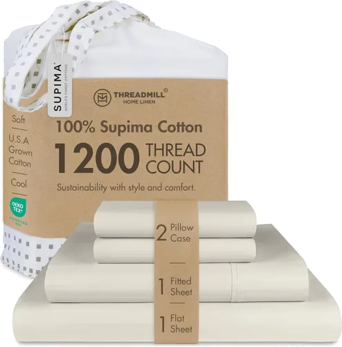 Vista 18 de Threadmill Sábanas de lujo de algodón Supima, sábanas de 100% algodón suaves de 1200 hilos de lujo para cama tamaño matrimonial, juego de 4 sábanas