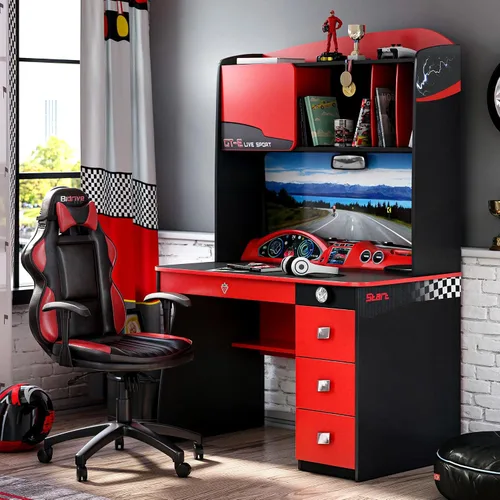 Vista 2 de Cilek GTS EV - Escritorio de estudio y gabinete con diseño de tablero de instrumentos de automóvil EV, estantes adicionales, cajones de cierre