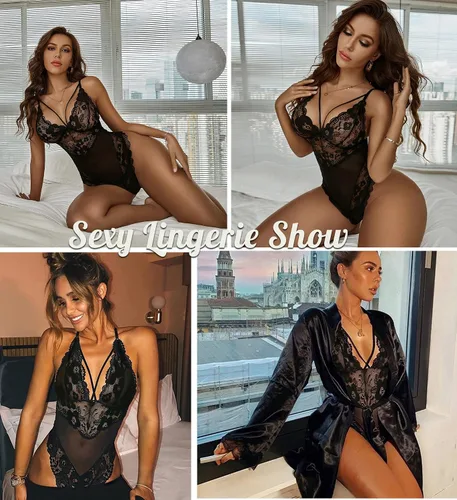 Vista 2 de Avidlove - Lencería de entrepierna a presión para mujer, body de encaje de una pieza, mini traje sexy.