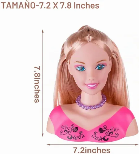 Vista 8 de Cabeza de muñeca para peinar y maquillar para niñas con accesorios y secador de pelo (Estilo A)