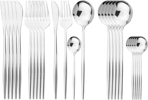 Vista 11 de Juego de cubiertos negros de acero inoxidable de 24 piezas, servicio para 6, vajilla pulida con espejo, cuchillo tenedor y cuchara para el hogar