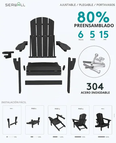 Vista 8 de SERWALL Juego de 5 piezas con silla Adirondack ajustable, puf otomano y mesa, negro