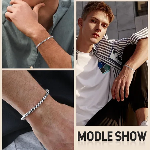 Vista 4 de VNOX Box Chain Bracelet for Men Women - Simple Metal Mens Bracelets Square Rolo Link Round Box Chain Black Stainless Steel Bracelets Jewelry Gifts