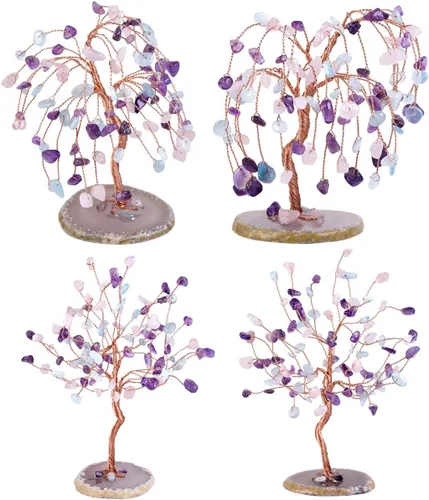 Vista 4 de Rockcloud Árbol de cristal de amatista, cuarzo rosa y aguamarina para decoración de oficina en casa, ágata natural, base de geoda bonsái, árbol