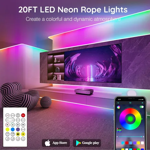 Vista 2 de SINLEY Tira de luces LED de neón de 20 pies, control con aplicación/control remoto, luces LED flexibles, múltiples modos, IP68 luces de neón RGB