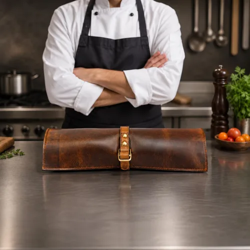 Vista 2 de Tolredo - Estuche de piel de búfalo para cuchillos de chef, 6 ranuras y 1 bolsillo con cremallera para almacenamiento culinario, bolsa portátil