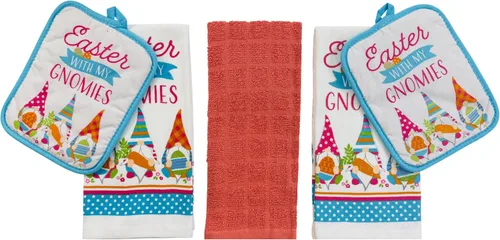 Vista 15 de Serafina Home Easter Kitchen Towel Set with Pot Holders, Spring Colored Eggs Design, 100% Cotton, White Orange Green, 5 Piece Set