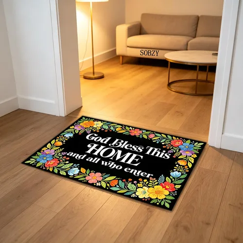 Vista 3 de Felpudo con texto en inglés «Bless This Home and All Who Intre», diseño floral de bienvenida, decoración de baño