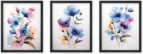 Vista 17 de Poster Master Póster botánico vintage de 3 piezas, estampado floral retro, regalo para artistas, amigos, flores de acuarela, brillante, azul