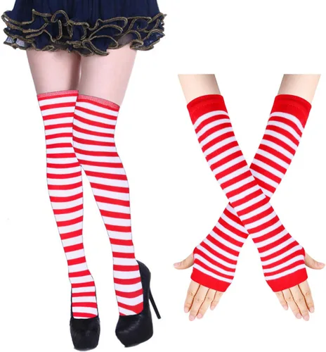 Vista 13 de Benefeet Sox Conjunto de calcetines altos hasta el muslo a rayas arcoíris para mujer, calentadores de brazos, guantes sin dedos, disfraz