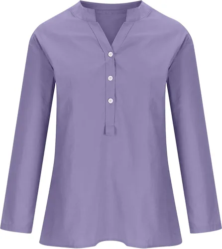 Vista 4 de Ceboyel Camisas de algodón y lino para mujer, blusa de verano con botones, manga enrollable, túnica de moda bohemia para mujer 2023