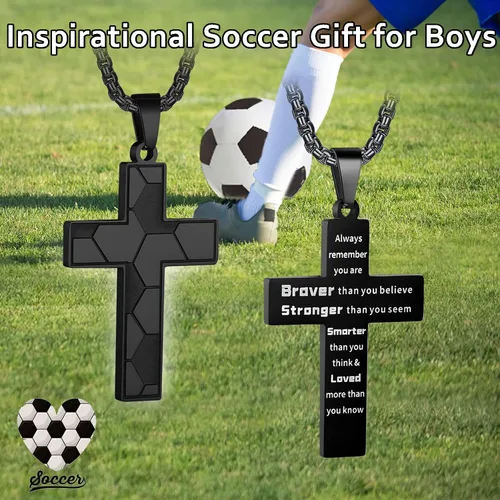 Vista 5 de Collar de cruz de fútbol para niños, colgante de cruz de versículo bíblico inspirador, cadena de acero inoxidable de 22 + 2 pulgadas, joyería