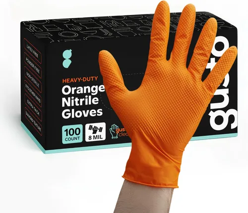 Vista 5 de GUSTO 8 Mil Disposable Orange Nitrile Gloves HEAVY DUTY, Industrial, Diamond Texture - Formerly Comfy Package