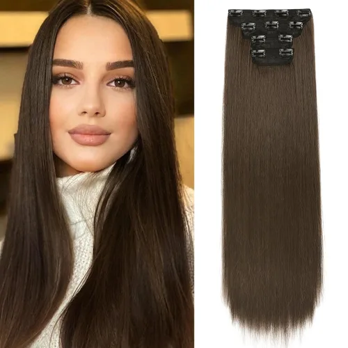 Vista 14 de REECHO - Juego de 4 extensiones de cabello sintético con clip de 12 pulgadas, 14 pulgadas y 16 pulgadas, lacio, largo y grueso, marrón oscuro