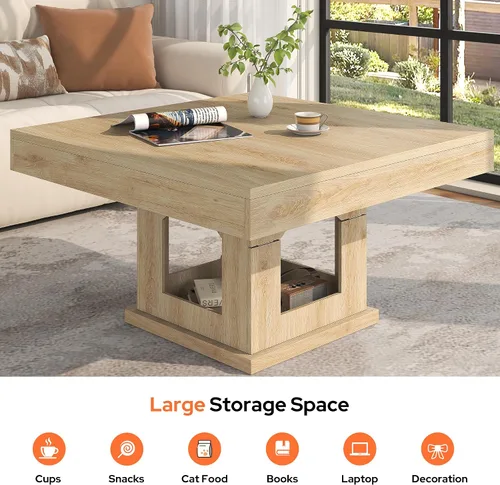 Vista 5 de [Usado] knoworld Mesa de centro cuadrada, mesa de centro de madera con almacenamiento y casa para gatos, mesa de cóctel para sala de estar, mesa