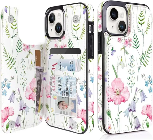 Vista 45 de uCOLOR - Funda tipo cartera para iPhone 15 con tarjetero y diseño de lunares con leche de almendra Bloqueo RFID de piel sintética para mujeres