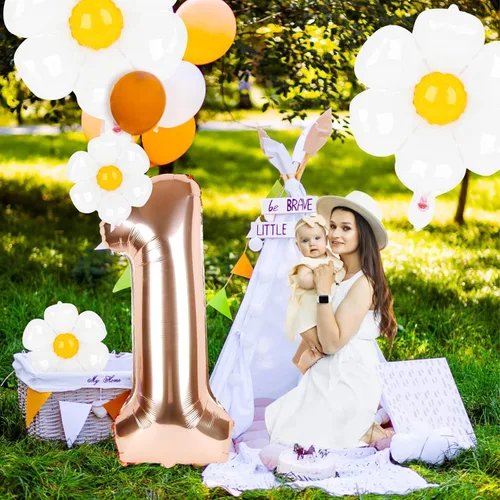 Vista 7 de Dripykiaa 5 globos de helio de aluminio para niñas de 40 pulgadas, diseño de margaritas de oro rosa
